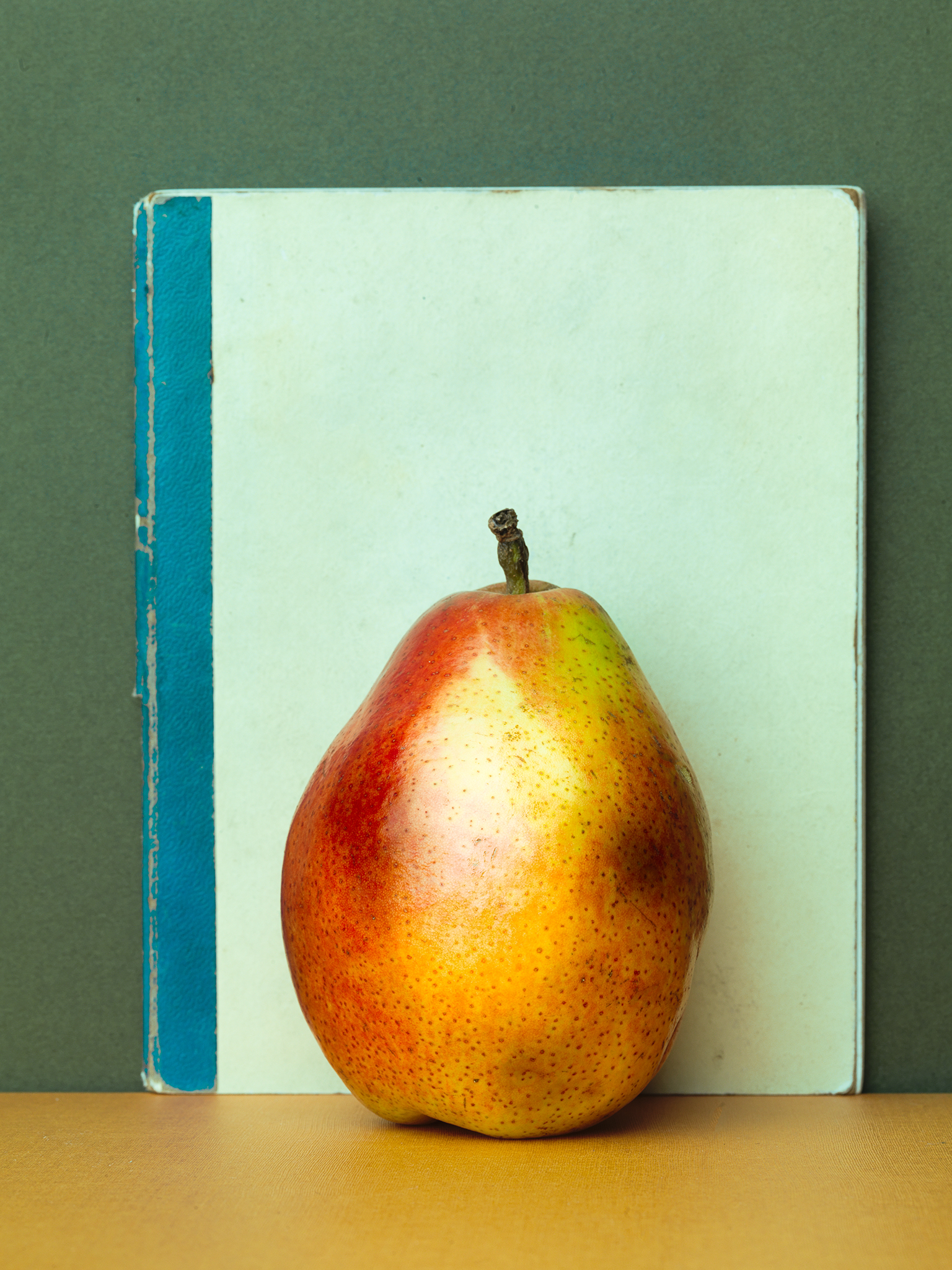Painterly pear fine art still life botanical yellow blue colourful by Thabit
